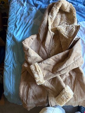 Women's Hooded Teddy Jacket in Tan with Sherpa Lining